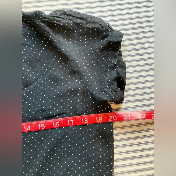 Lapis Black Sheer Polka Dot Popover Blouse, Short Puff Sleeve, Size Medium - Picture 7 of 11